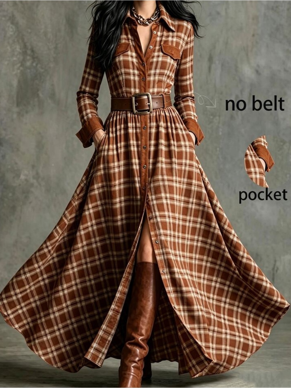 Women's Plaid Open Front Long Sleeve Dress